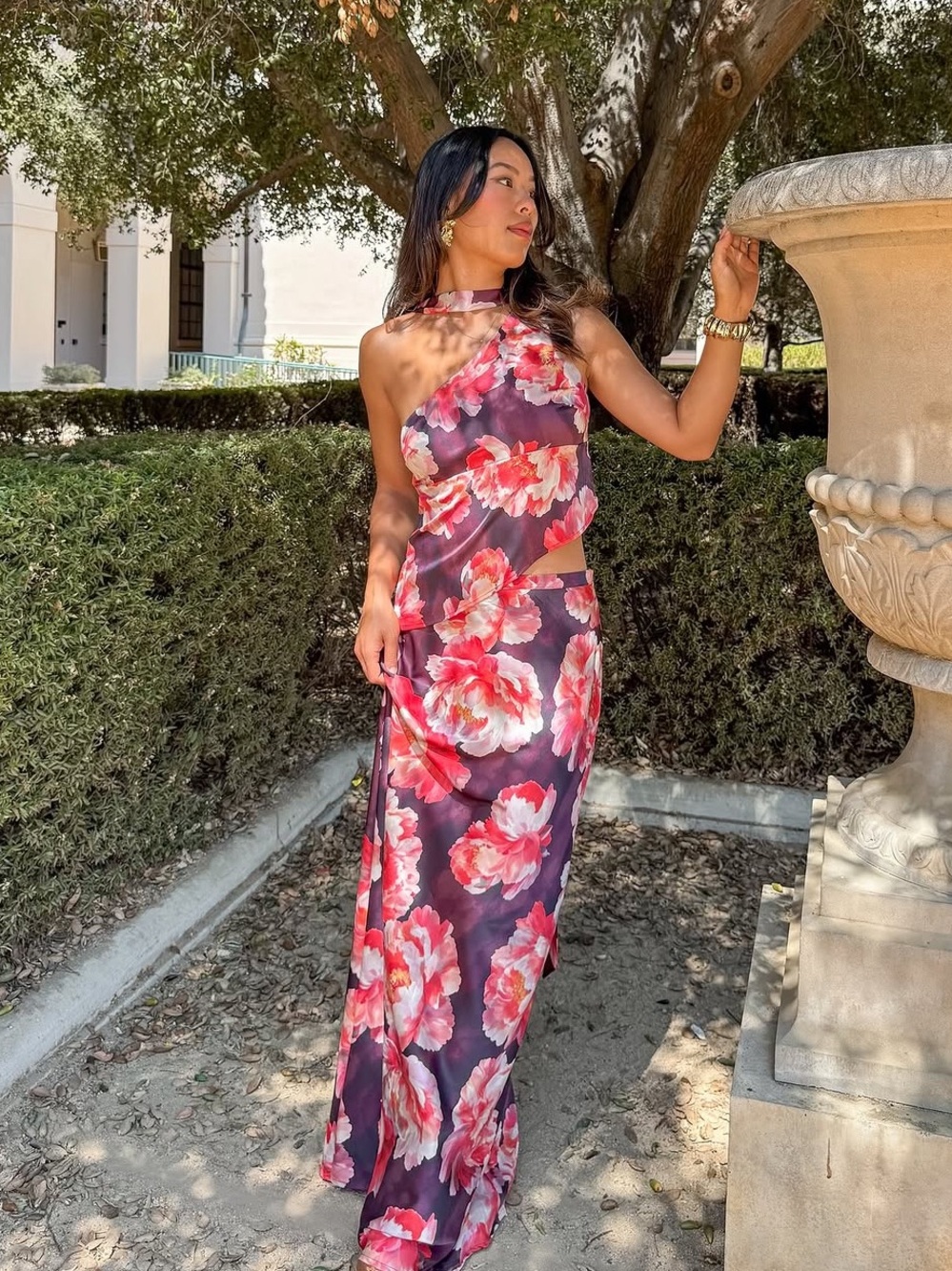 Petal & Pup Georgina Floral Satin One-Shoulder Top & Maxi Skirt Set